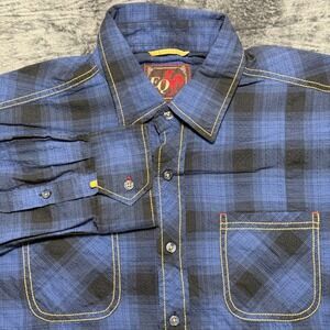 EQ Button Up Shirt Mens L Blue Black Plaid Long Sleeve Contrast Stitch